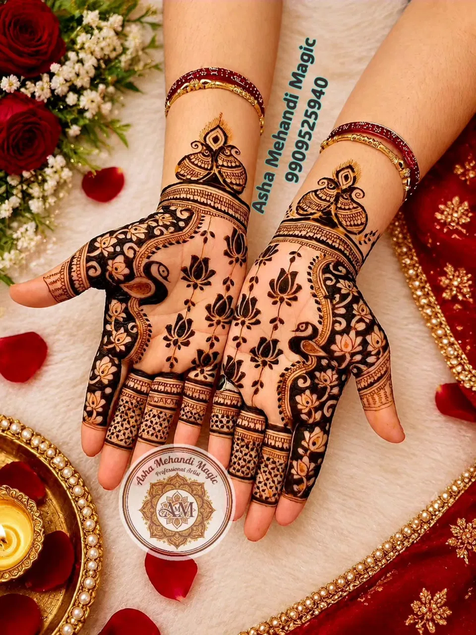 Front Hand Mehndi Design with Gol Tikki and Flowers for Teej