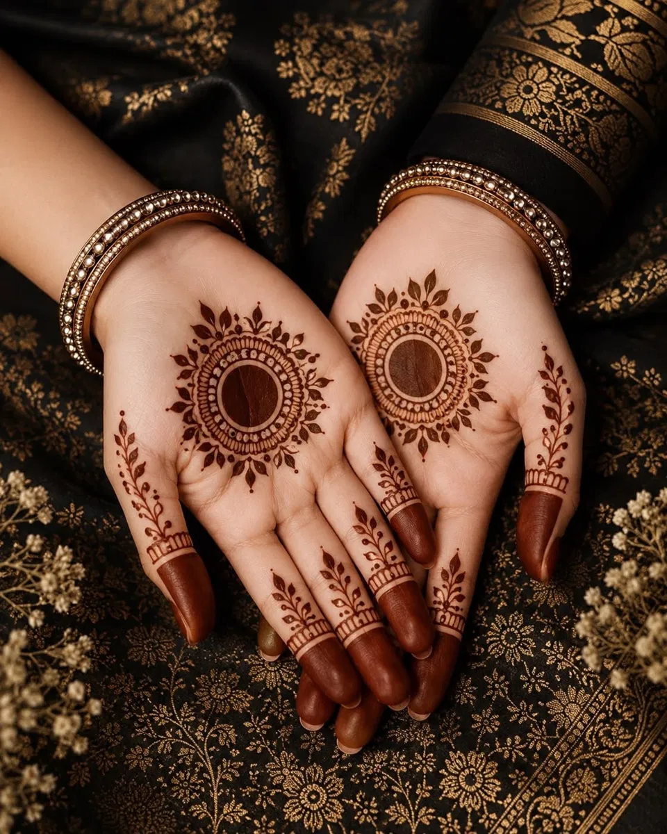 Aesthetic Arabic Back Hand Mehndi Design with Gol Tikki, Flowers and Lotus for Diwali (11)