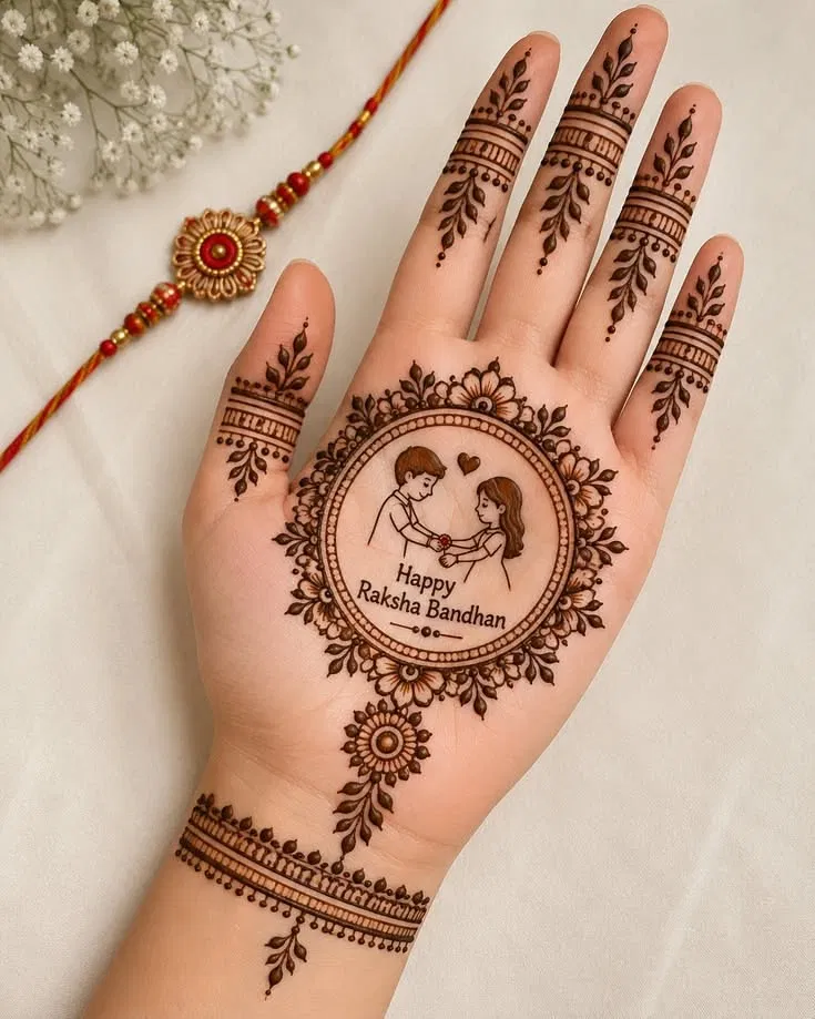 Aesthetic Simple Back Hand Mehndi Design with Gol Tikki and Figures for Raksha Bandhan (10)