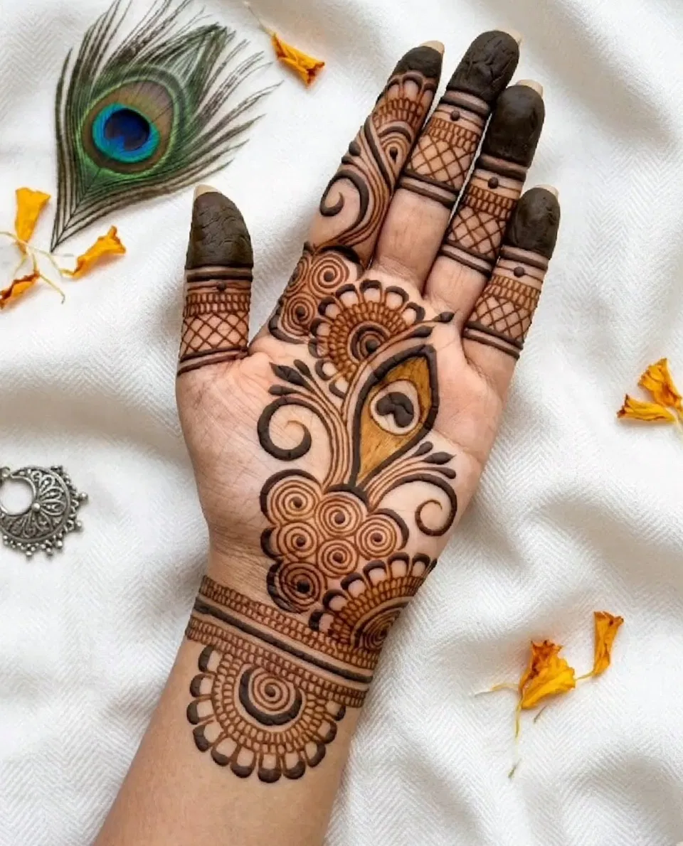 Simple Front Hand Mehndi Design with Peacock for Raksha Bandhan