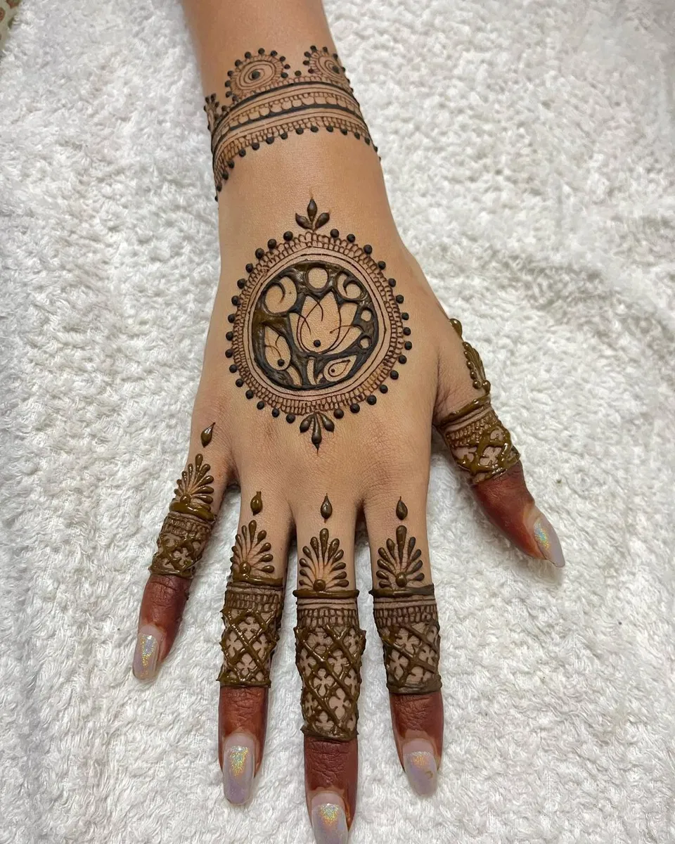Bridal Stylish Back Hand Mehndi Design with Gol Tikki and Lotus for Engagement (3)