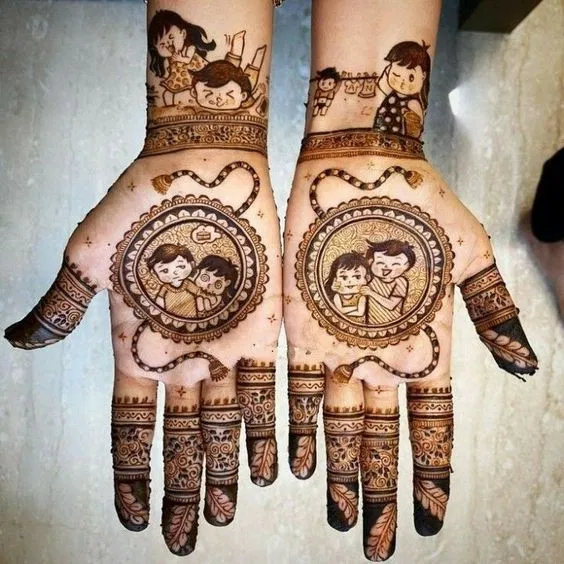 Back Hand Mehndi Design with Gol Tikki and Figures for Diwali