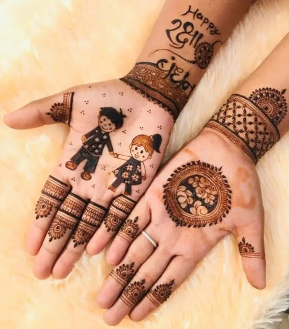 Indian Simple Back Hand Mehndi Design with Figures and Jaal