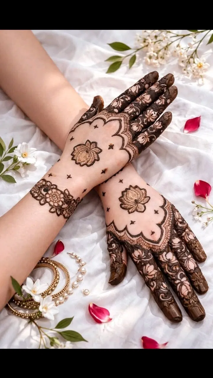 Indian Simple Back Hand Mehndi Design with Flowers and Hearts