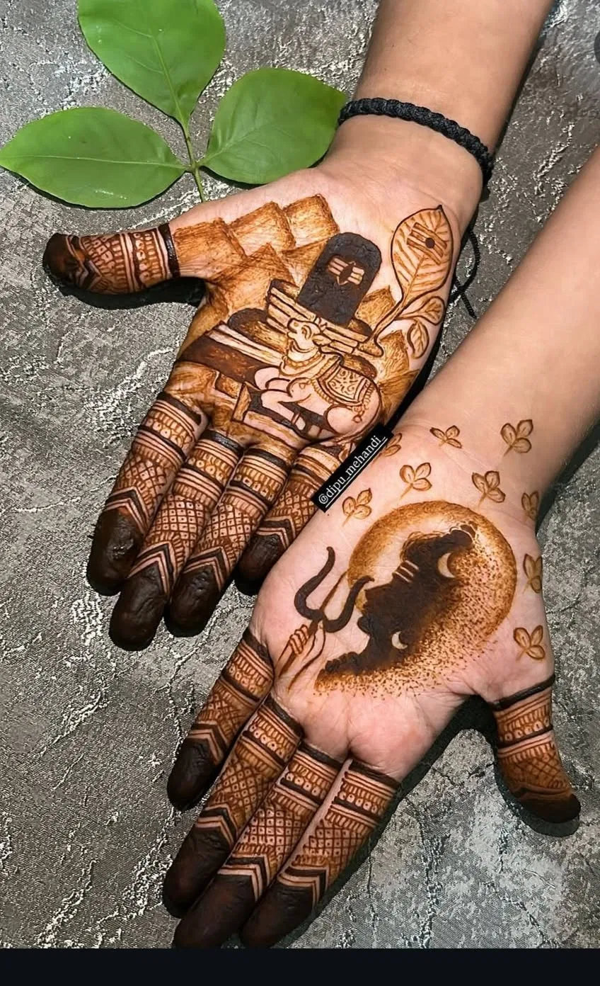 Stylish Front Hand Mehndi Design with Gol Tikki and Figures for Sawan
