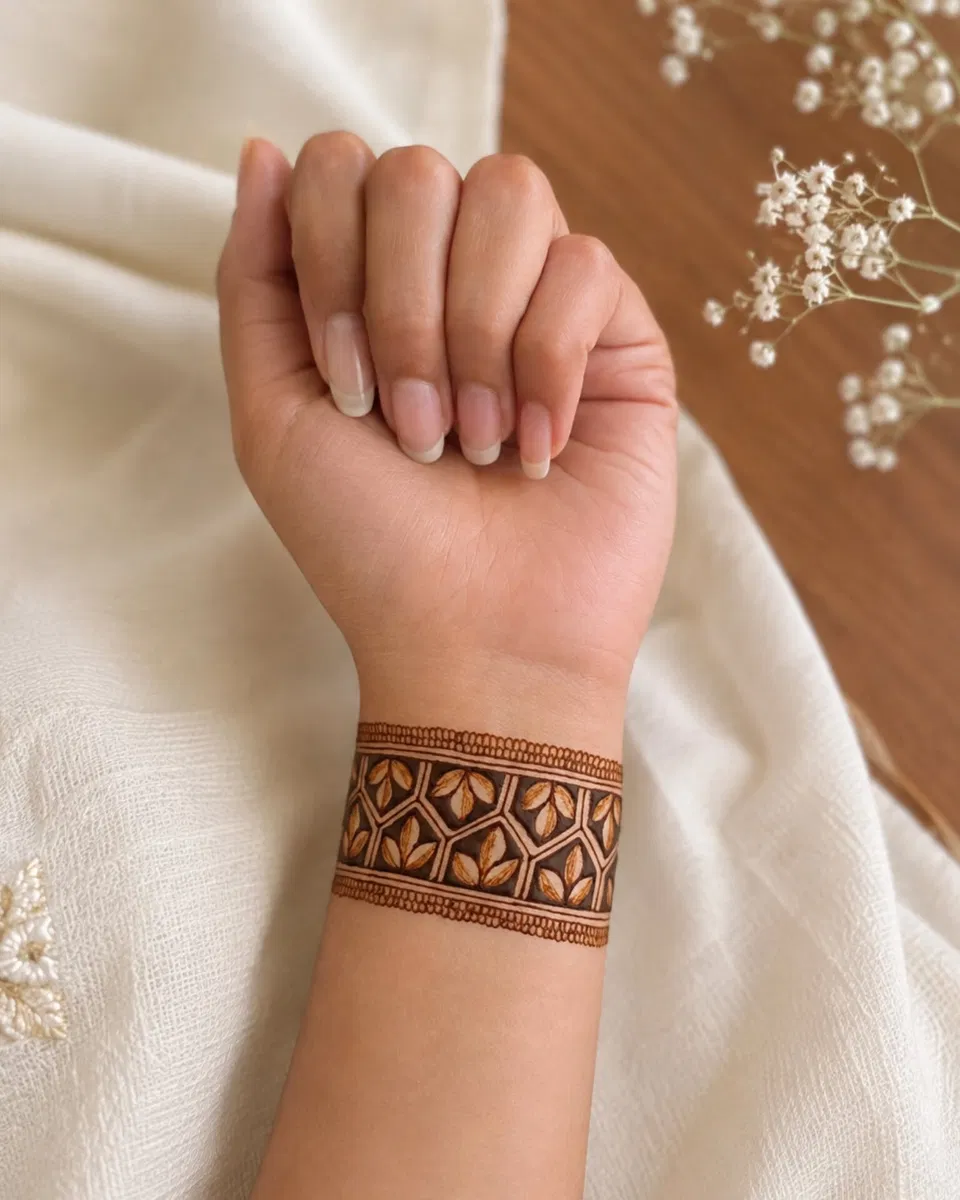 Arabic Bridal Arm Mehndi Design with Gol Tikki and Flowers