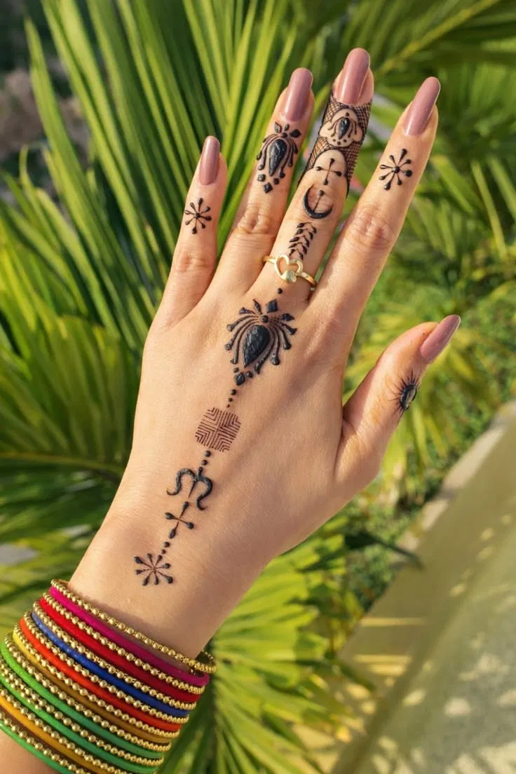 Aesthetic Minimal Finger Mehndi Design with Jaal for Sawan