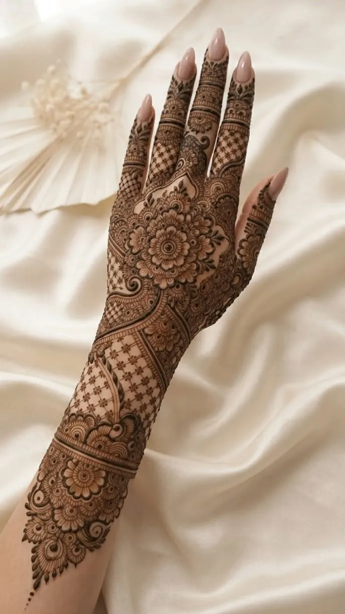 Aesthetic Arabic Arm Mehndi Design with Gol Tikki, Figures and Jaal for Engagement (3)