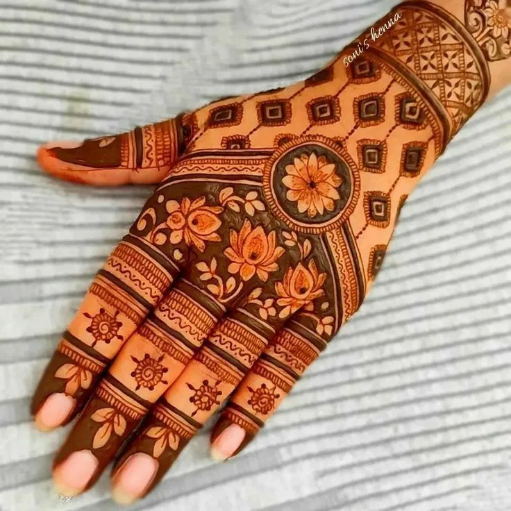 Indian Back Hand Mehndi Design with Deity and Flowers
