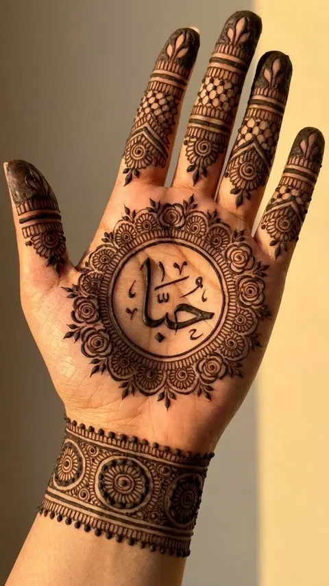 aesthetic arabic circle front hand mehndi design