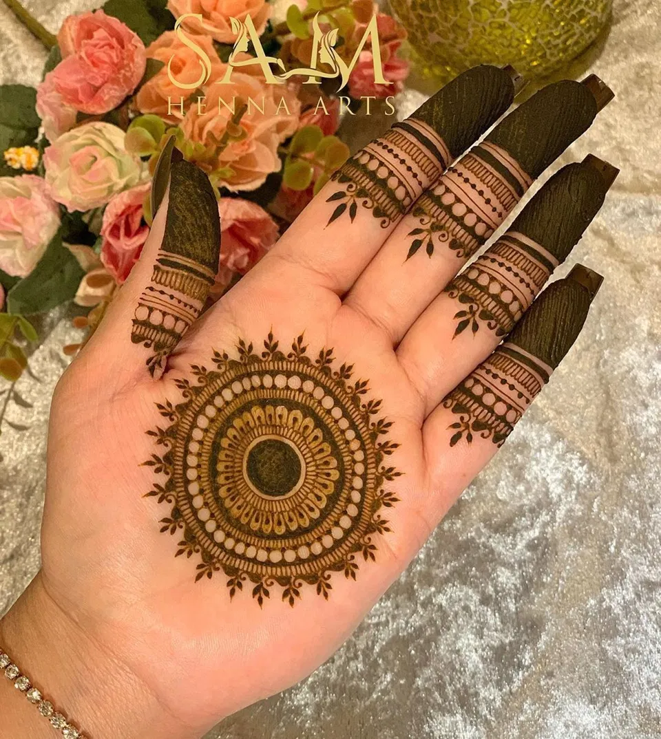 Aesthetic Pakistani Back Hand Mehndi Design with Gol Tikki, Flowers and Jaal