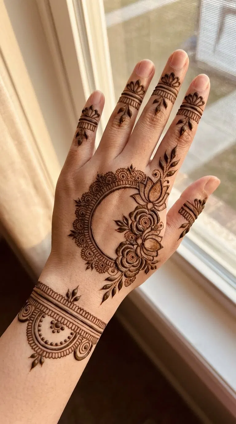 Aesthetic Bridal Back Hand Mehndi Design with Gol Tikki, Flowers and Moon for Eid