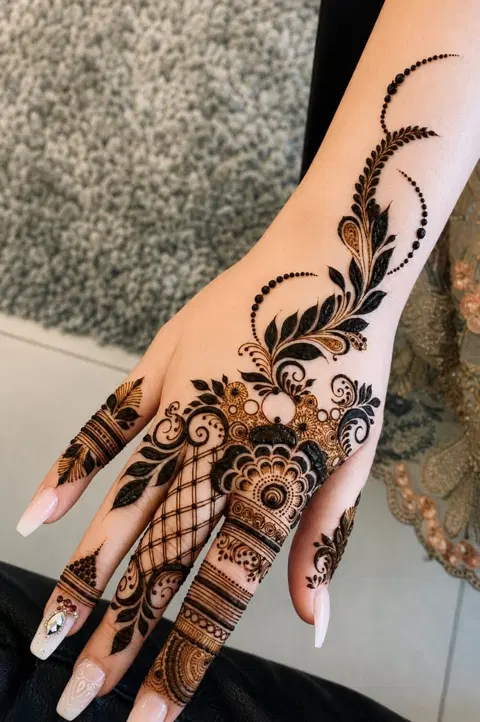 aesthetic arabic bel back hand mehndi design