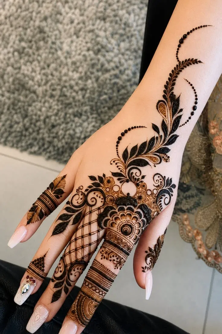 Aesthetic Arabic Back Hand Mehndi Design with Bel and Flowers for Eid (9)