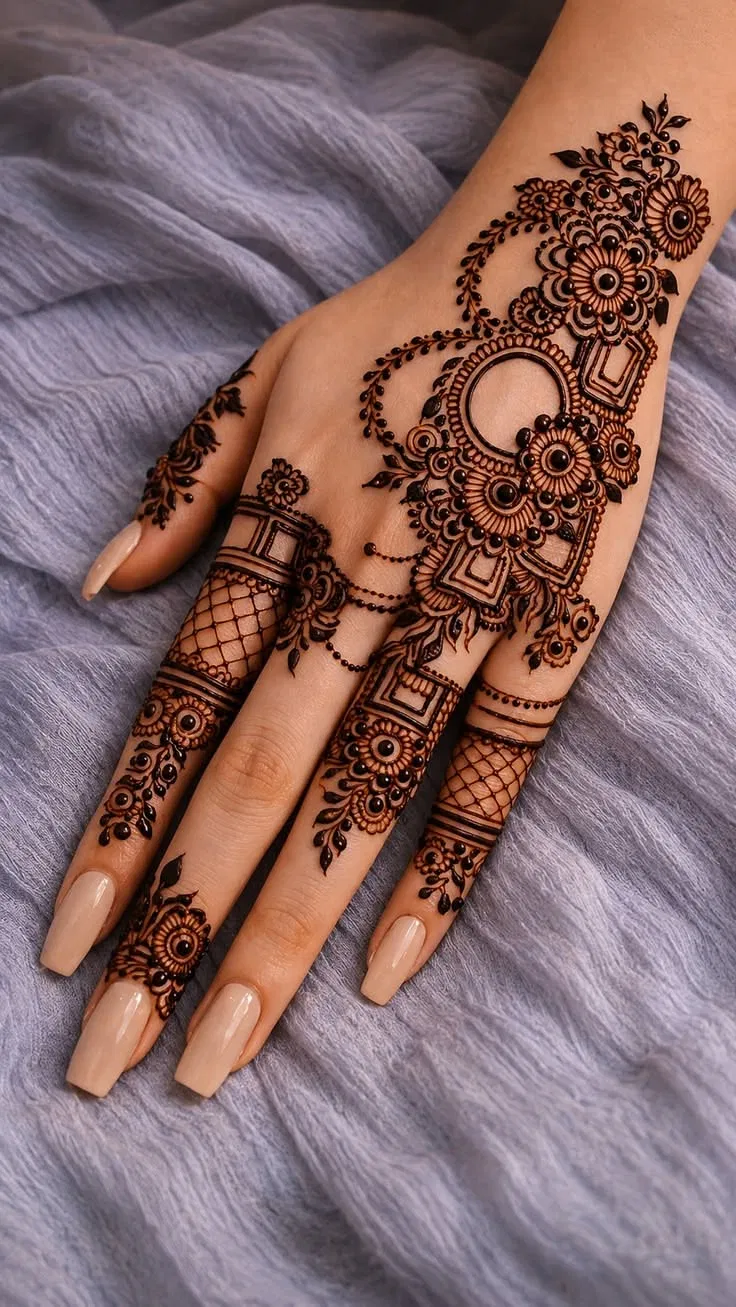 Aesthetic Indian Back Hand Mehndi Design with Deity and Flowers