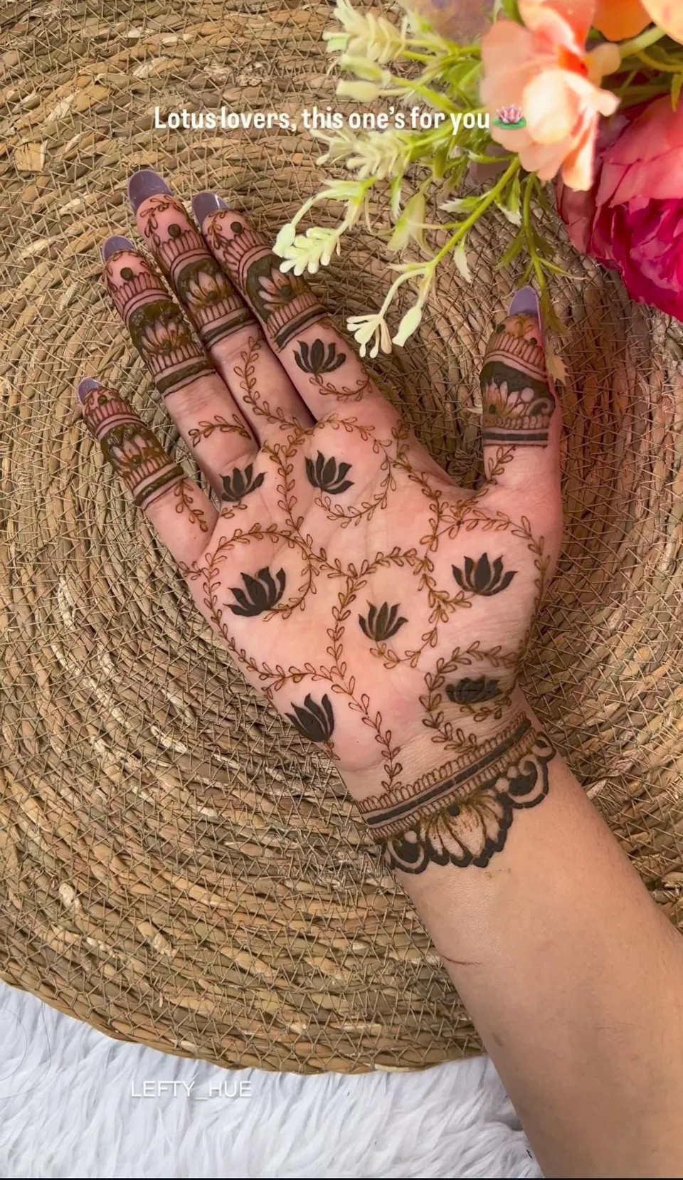 Aesthetic Minimal Finger Mehndi Design with Gol Tikki, Flowers and Lotus