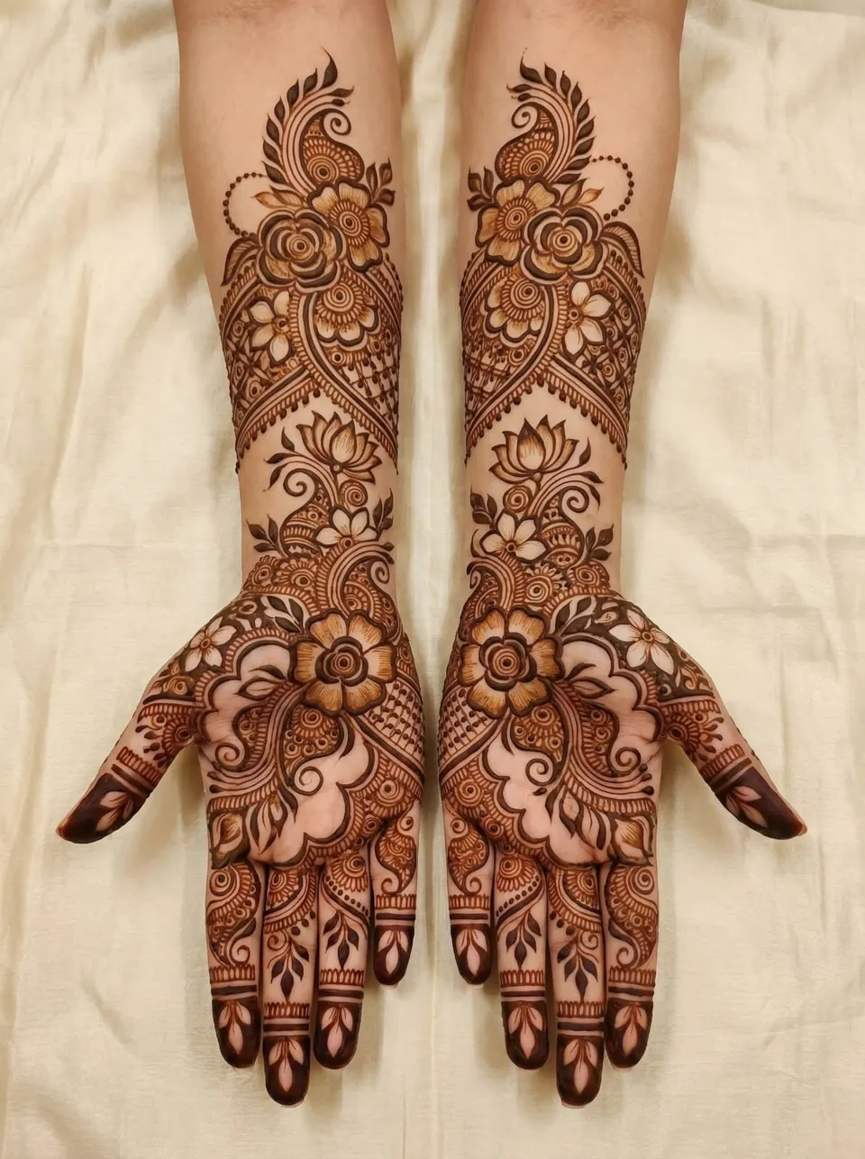 Arabic Bridal Arm Mehndi Design with Deity for Engagement