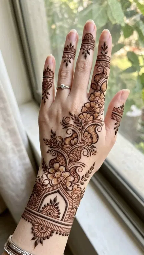 aesthetic arabic figure back hand mehndi design