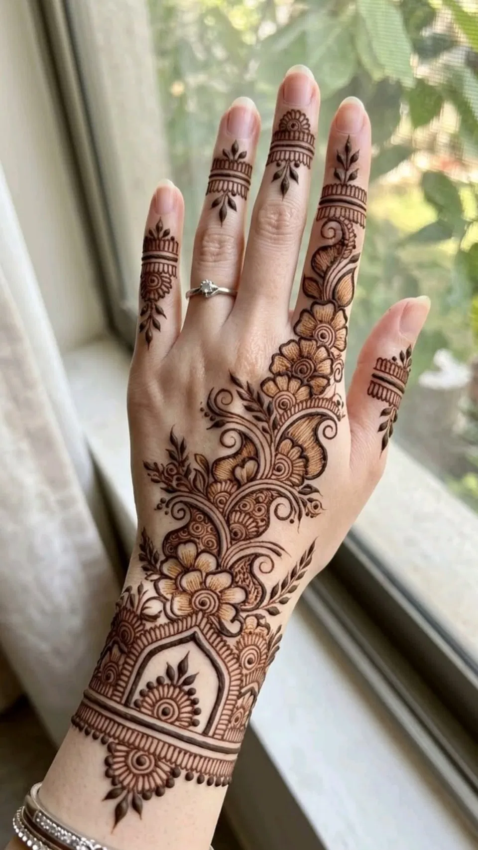 Aesthetic Arabic Back Hand Mehndi Design with Figures