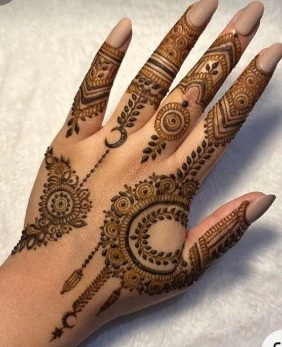 Aesthetic Arabic Back Hand Mehndi Design with Flowers, Lotus and Moon for Eid