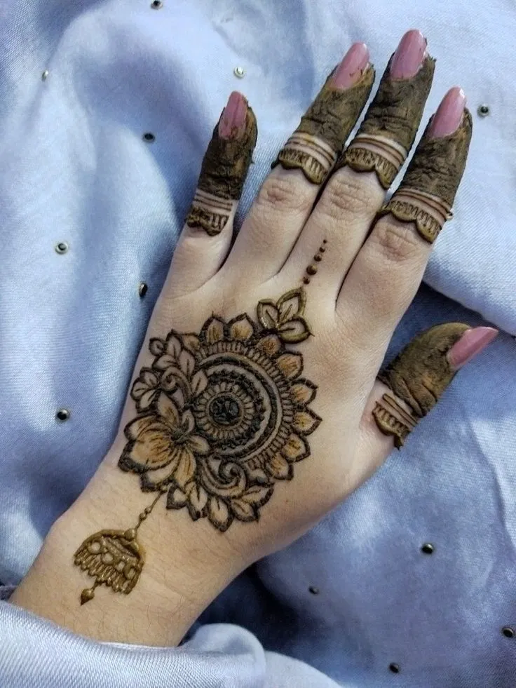 Aesthetic Arabic Front Hand Mehndi Design with Gol Tikki, Flowers and Jaal (4)