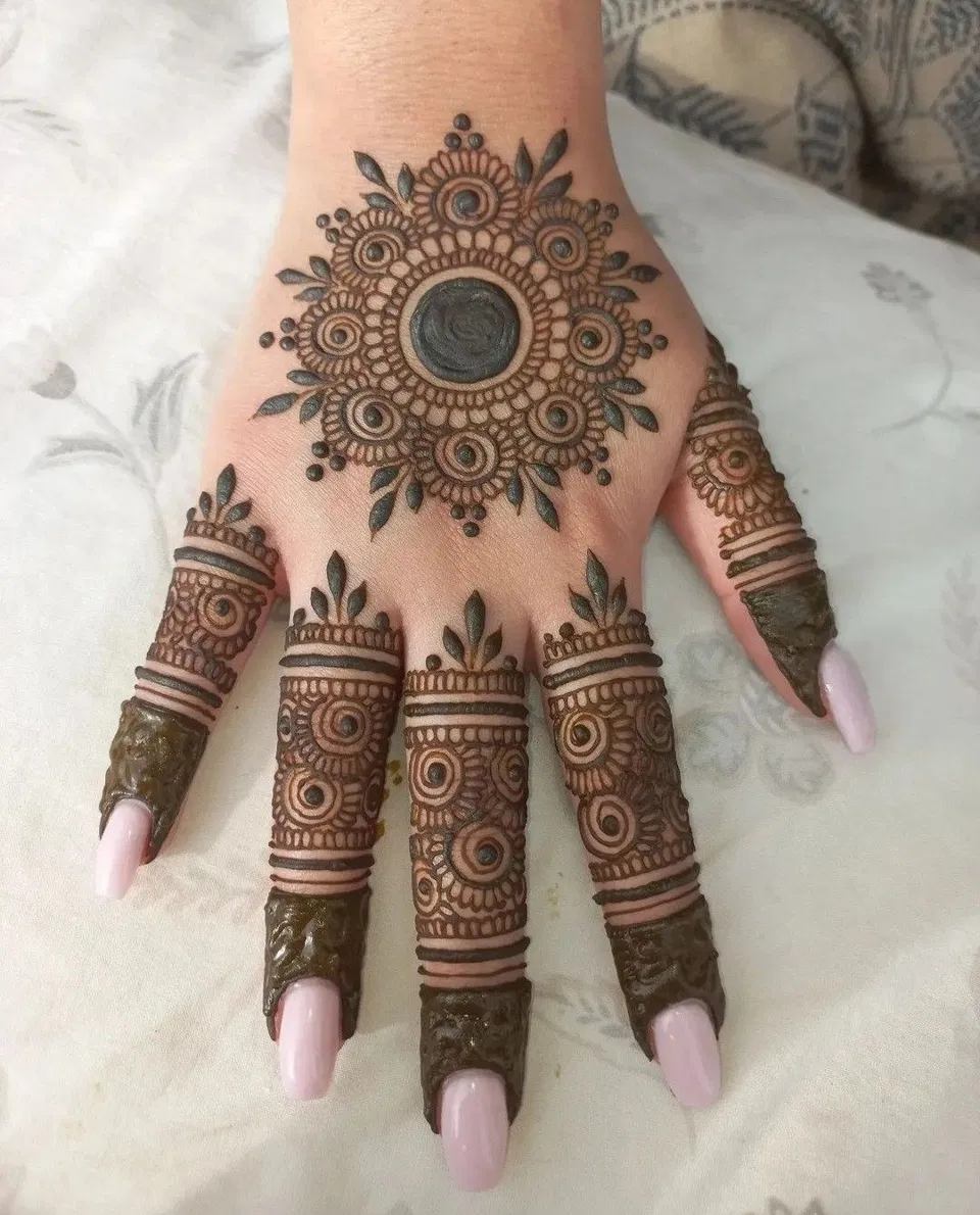 Bridal Indian Back Hand Mehndi Design with Gol Tikki for Engagement (4)