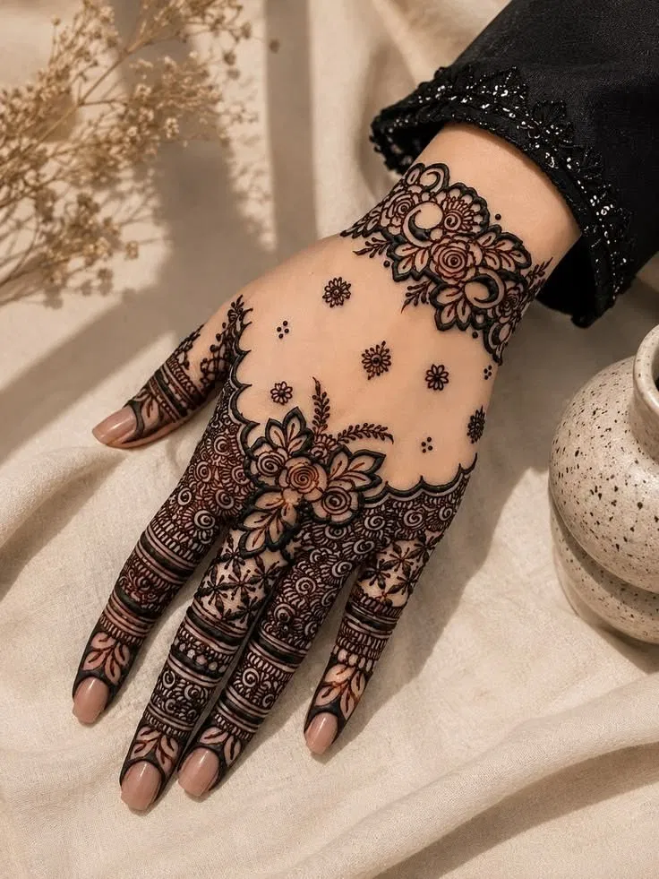 Aesthetic Stylish Back Hand Mehndi Design with Jaal