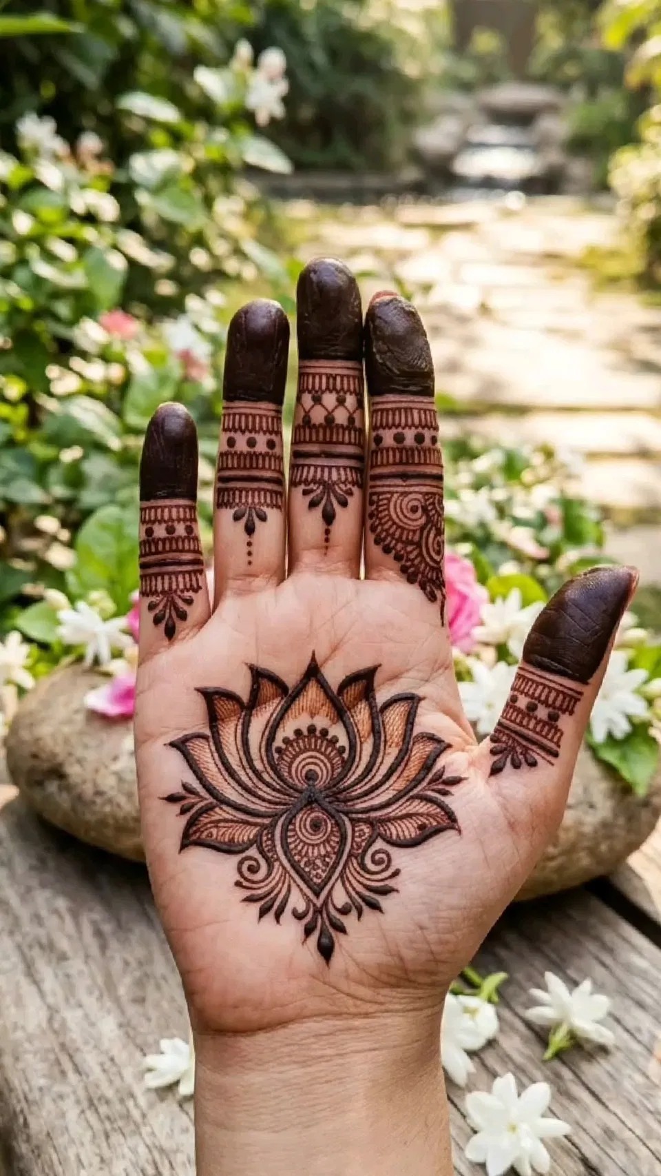 Simple Stylish Finger Mehndi Design with Gol Tikki, Flowers and Lotus