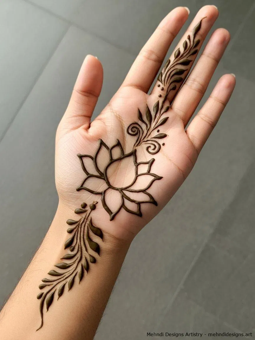 Arabic Simple Front Hand Mehndi Design with Gol Tikki, Flowers and Lotus (4)