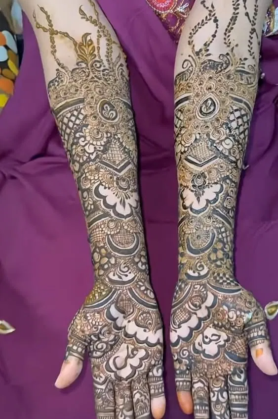 Bridal Stylish Full Hand Mehndi Design with Figures and Hearts