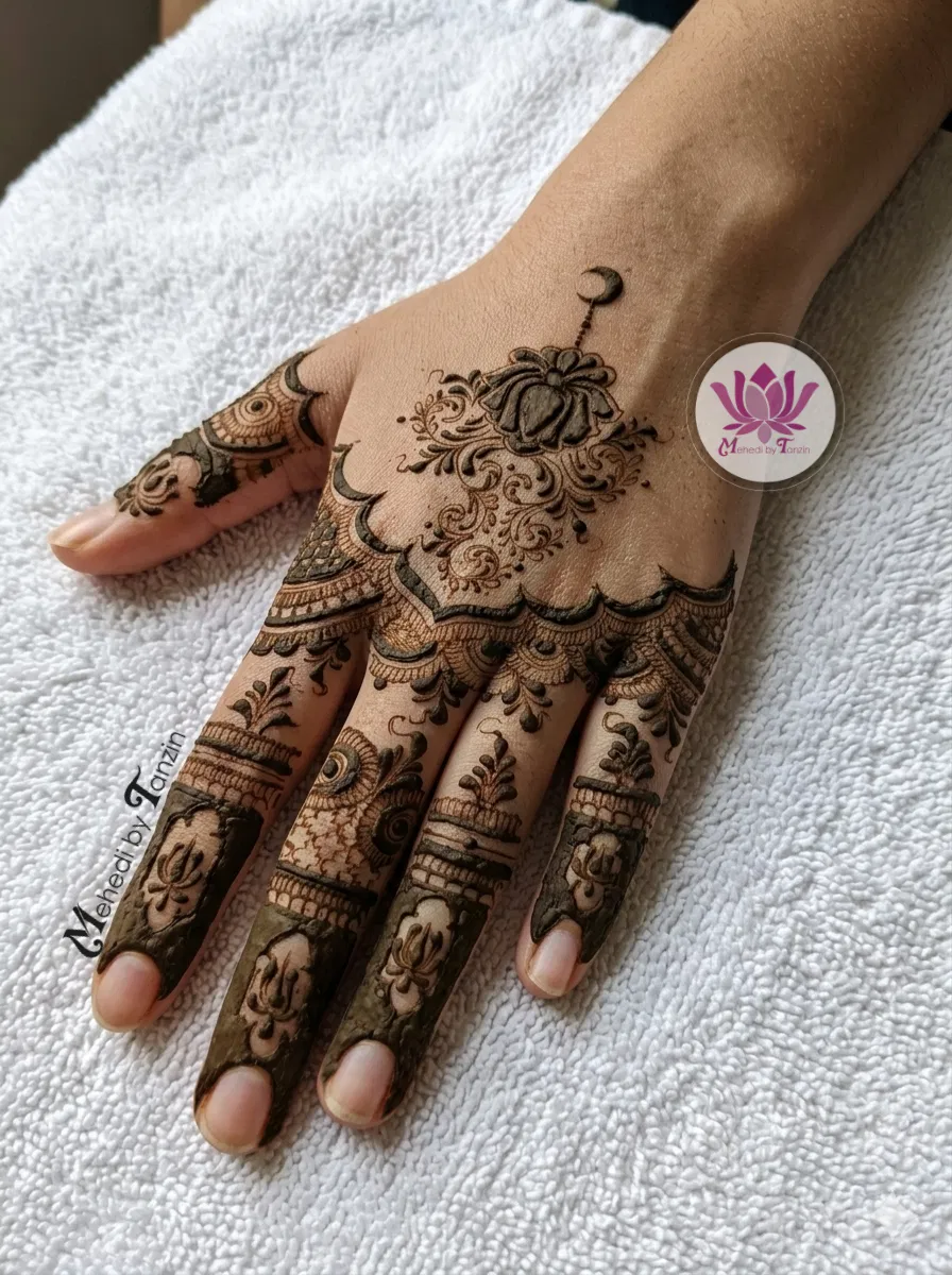 Bridal Simple Finger Mehndi Design with Lotus for Eid