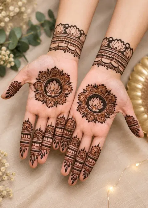 aesthetic bridal circle front hand mehndi design