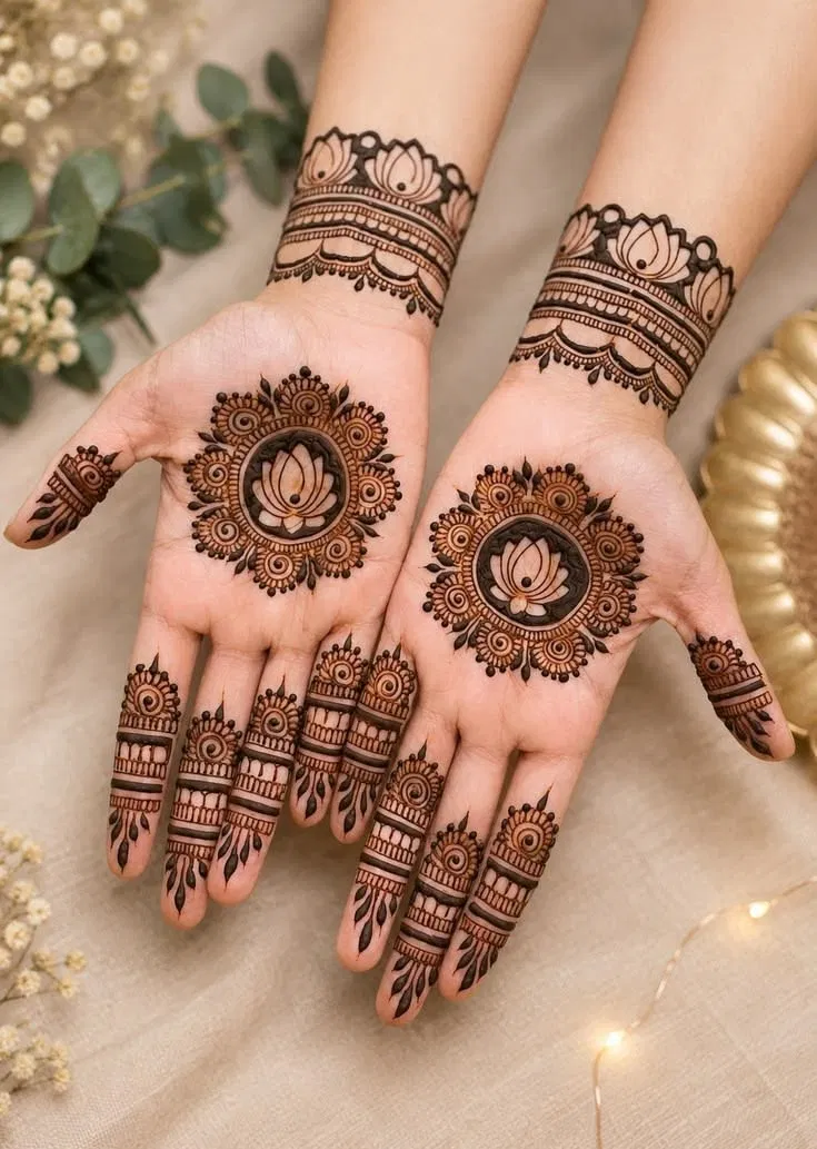 Aesthetic Bridal Front Hand Mehndi Design with Gol Tikki, Flowers and Jaal (3)