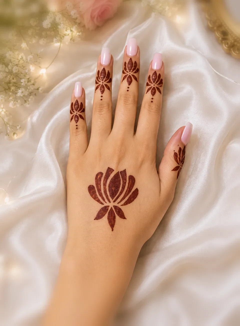 Aesthetic Minimal Finger Mehndi Design with Flowers, Jaal and Lotus (2)