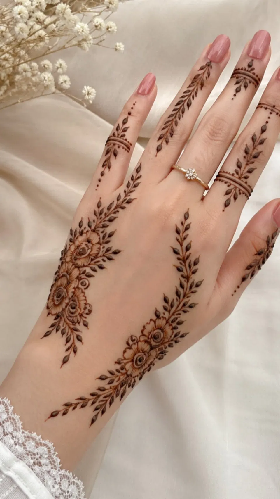 Aesthetic Arabic Back Hand Mehndi Design with Bel, Gol Tikki and Flowers (19)
