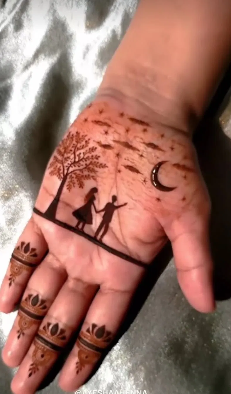Simple Foot Mehndi Design with Figures, Jaal and Moon