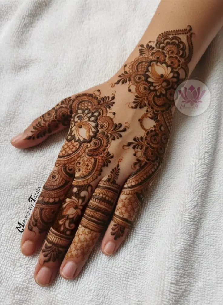 Bridal Stylish Back Hand Mehndi Design with Lotus for Eid