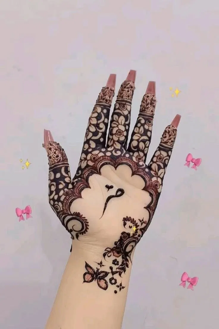 Aesthetic Bridal Front Hand Mehndi Design with Gol Tikki and Hidden Name for Eid
