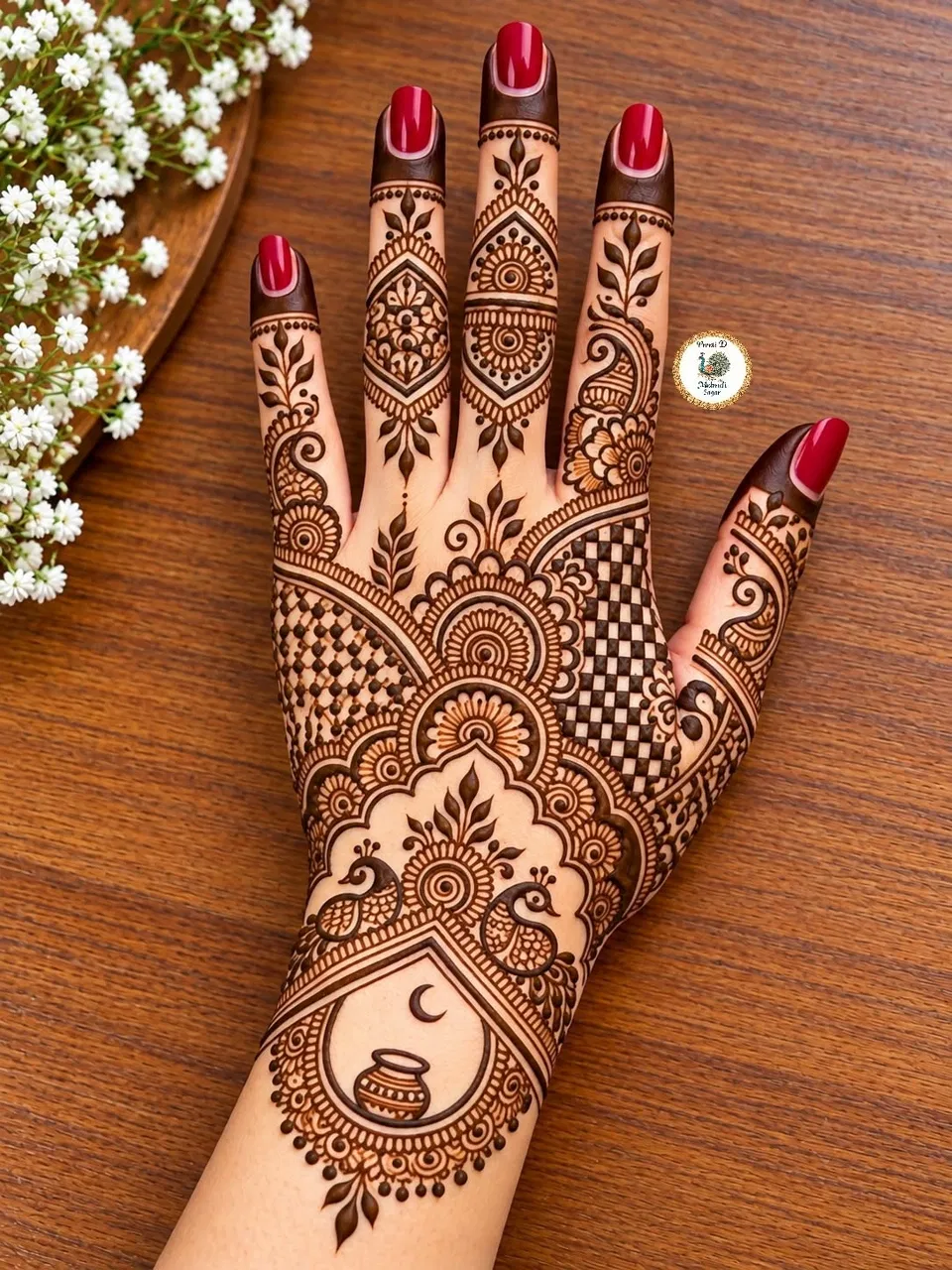 Back Hand Mehndi Design with Gol Tikki and Flowers for Karwa Chauth