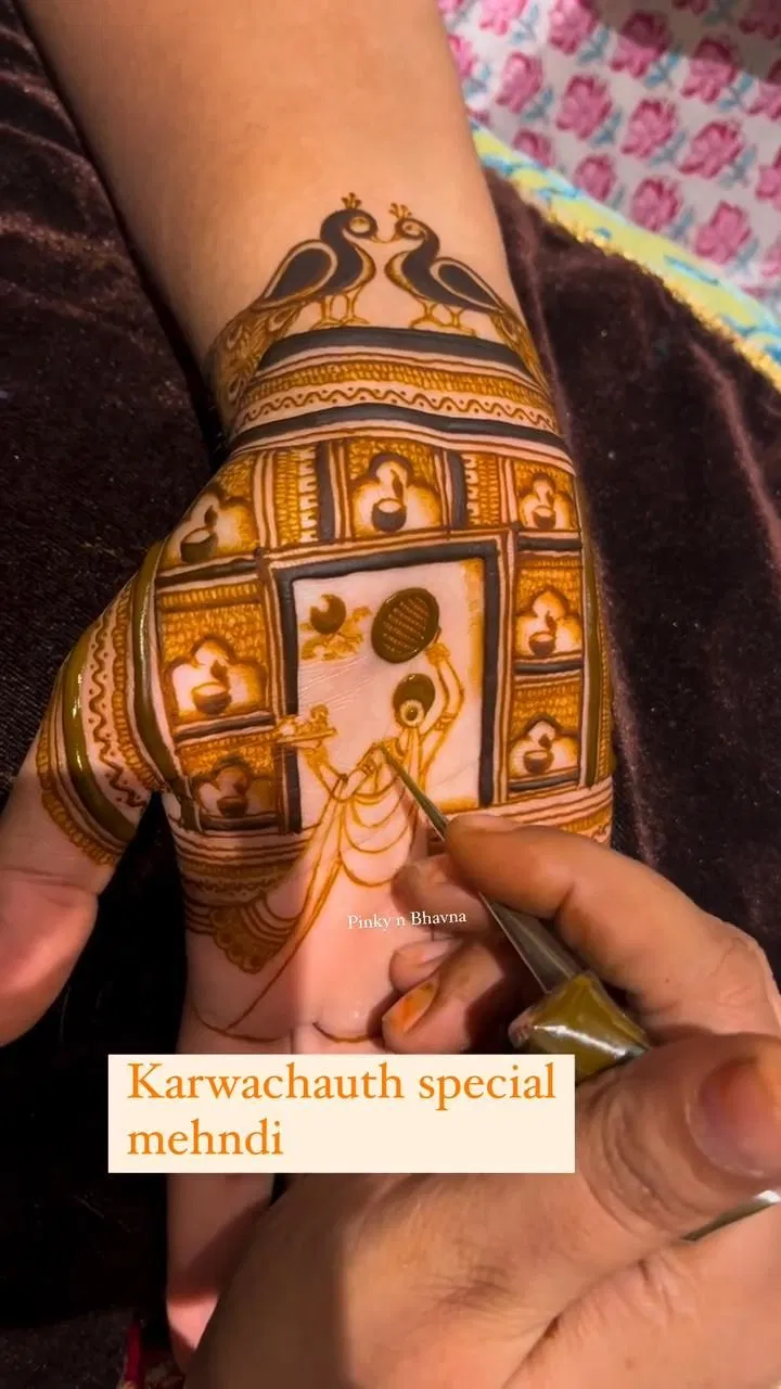Bridal Back Hand Mehndi Design with Figures for Karwa Chauth (4)