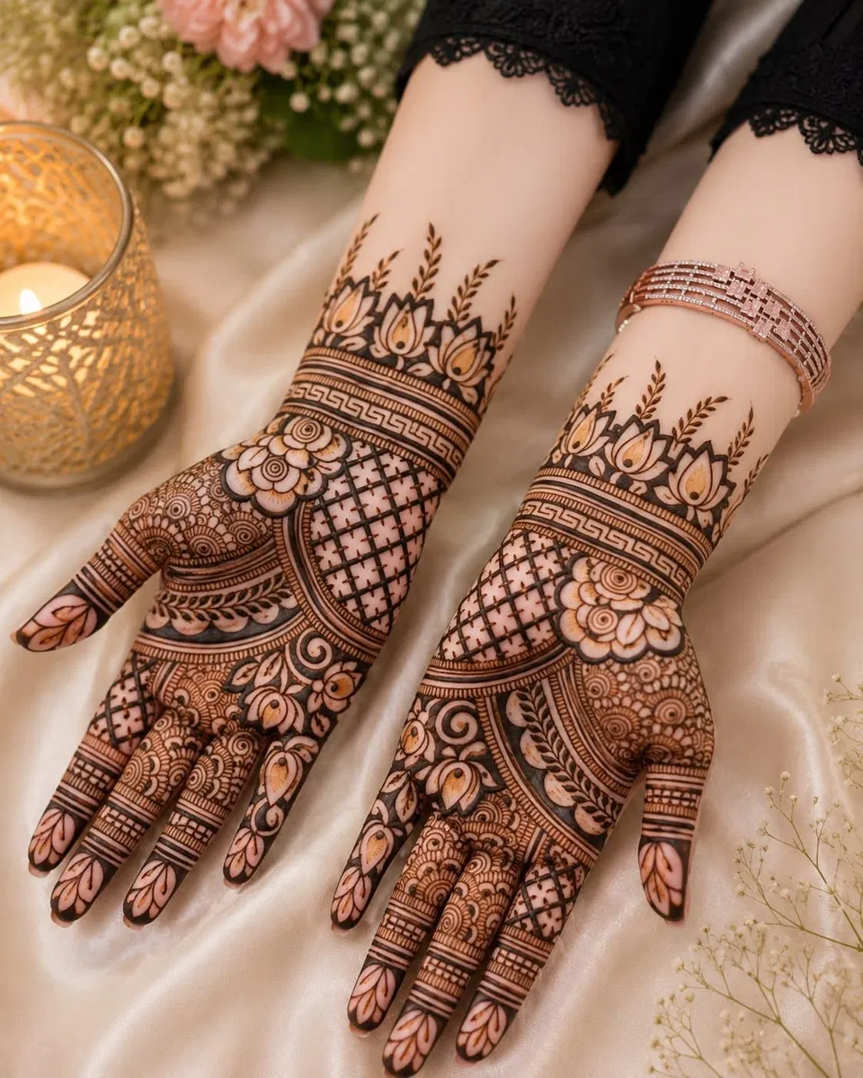 Aesthetic Bridal Back Hand Mehndi Design with Flowers for Engagement (9)