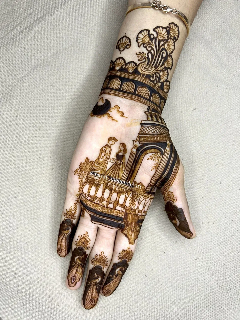 Aesthetic Bridal Front Hand Mehndi Design with Figures and Moon
