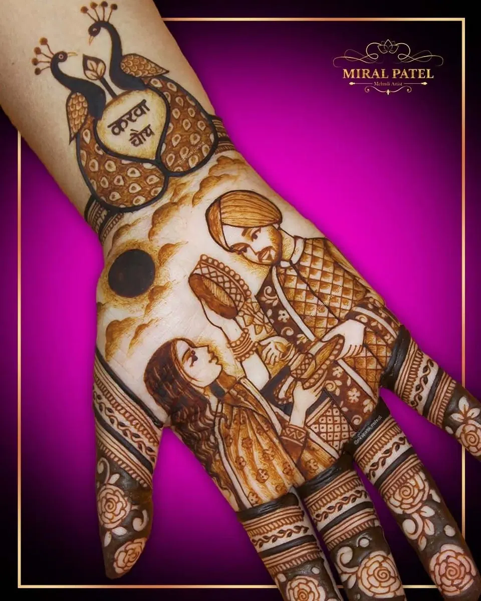 Bridal Stylish Front Hand Mehndi Design with Figures, Flowers and Hearts for Engagement
