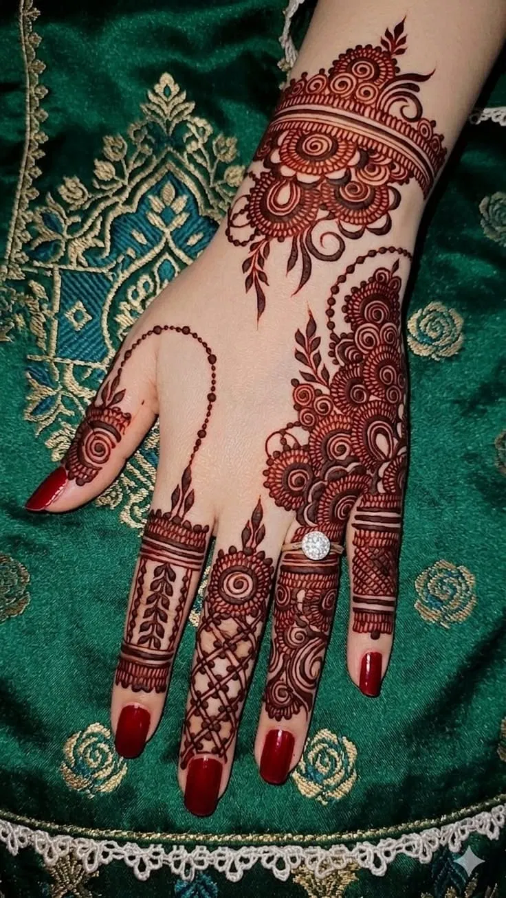 Bridal Stylish Back Hand Mehndi Design with Gol Tikki and Jaal for Eid