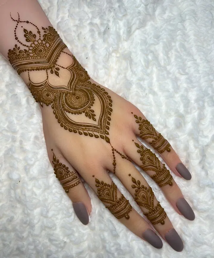 Aesthetic Bridal Back Hand Mehndi Design with Hearts and Jaal