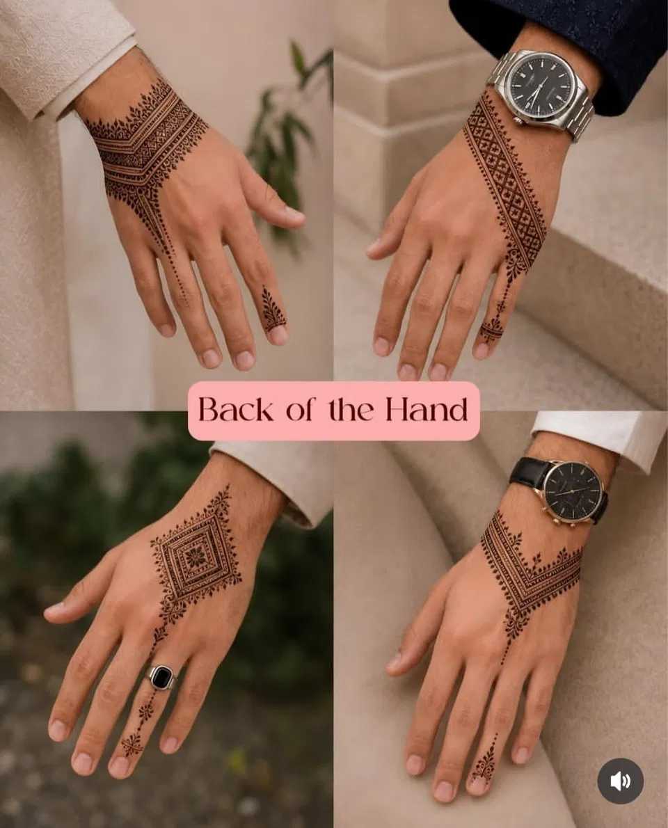 Simple Stylish Back Hand Mehndi Design with Deity and Jaal