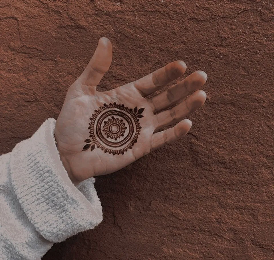 Simple Front Hand Mehndi Design with Gol Tikki and Deity (2)