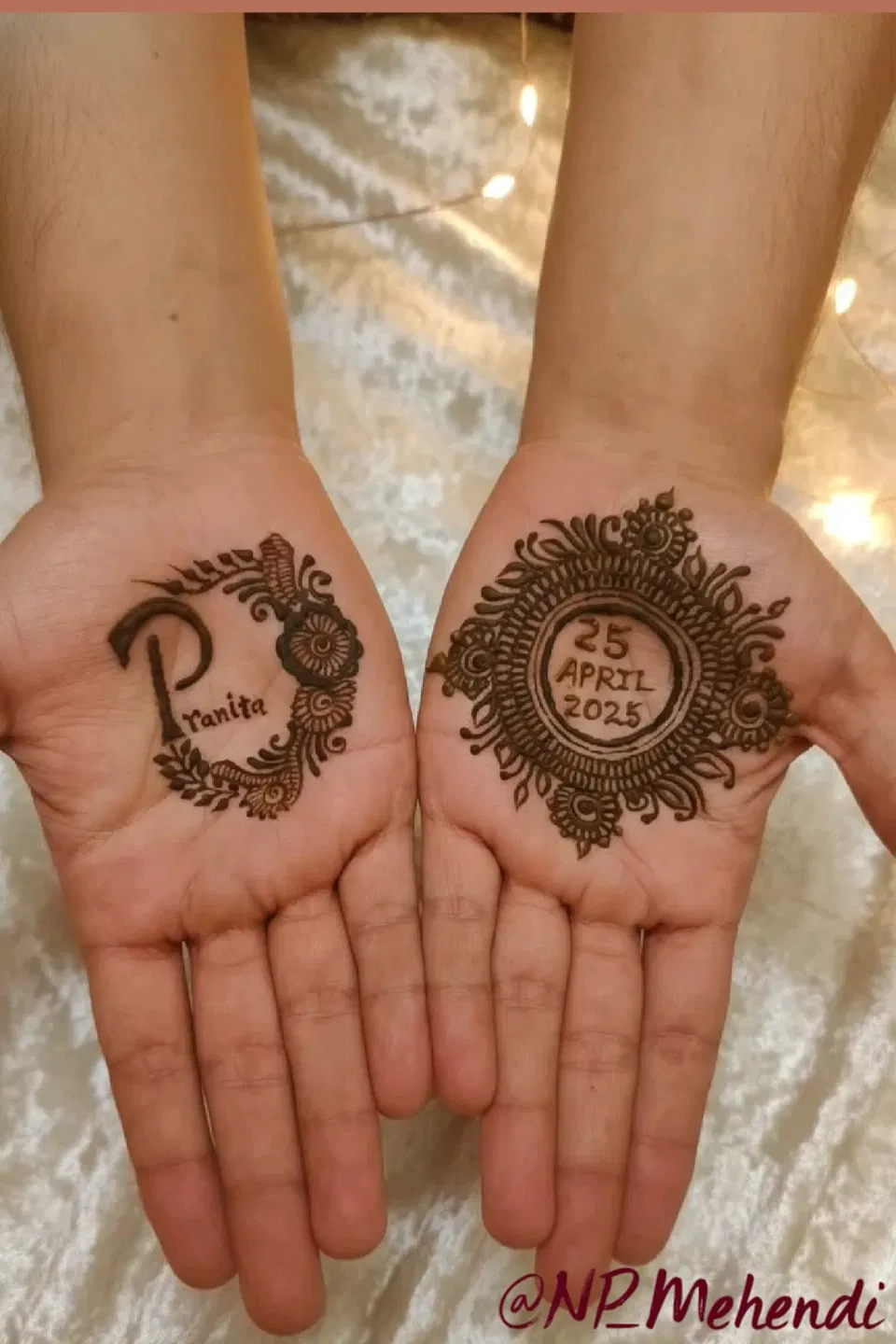Bridal Indian Front Hand Mehndi Design with Gol Tikki, Deity and Figures for Engagement (3)