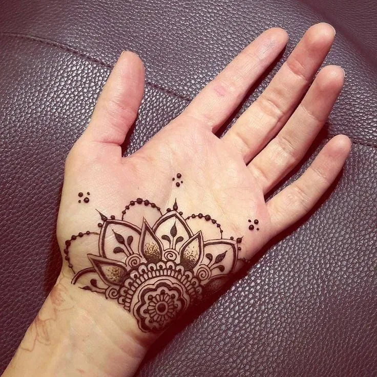 Simple Back Hand Mehndi Design with Gol Tikki, Deity and Moon