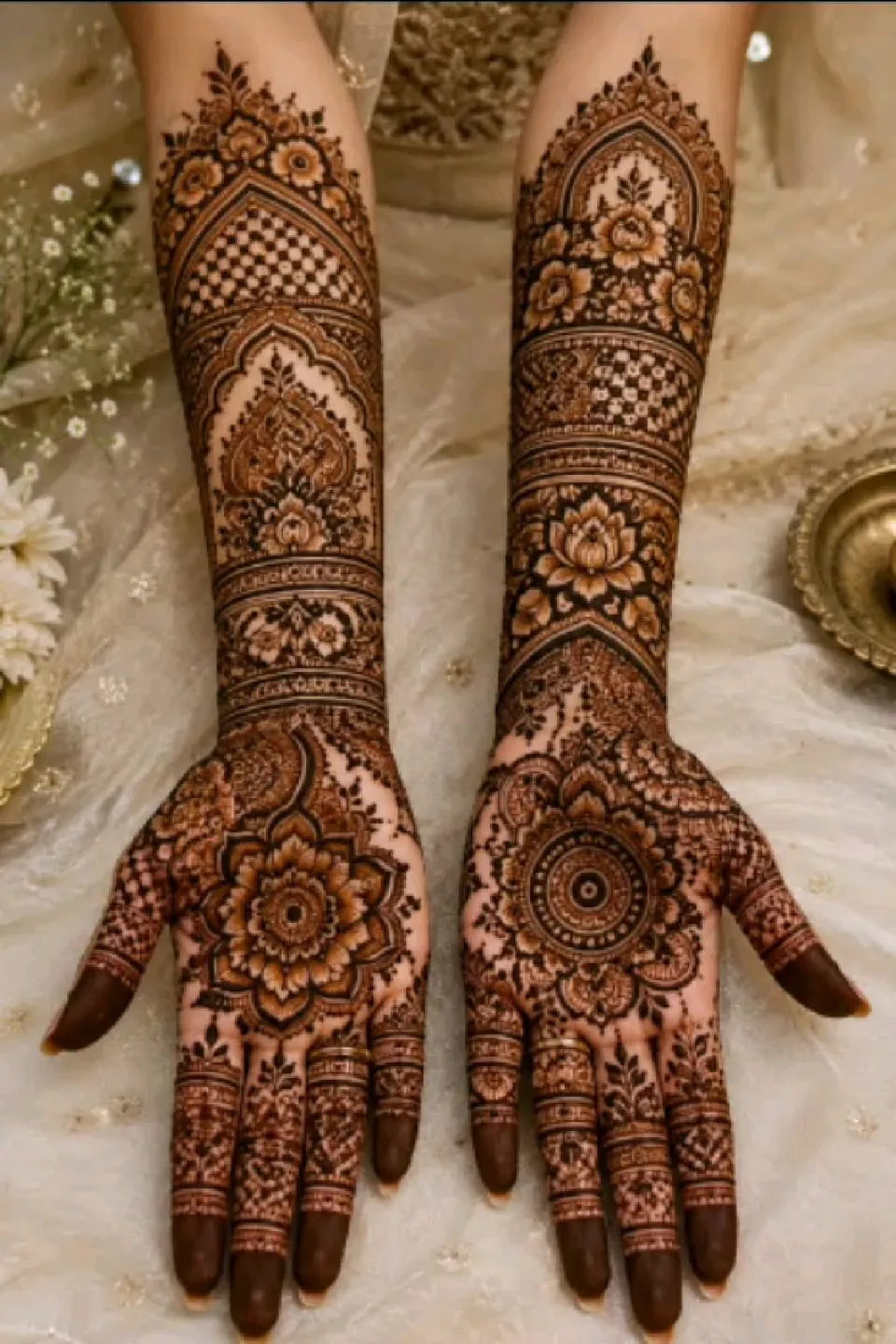 Aesthetic Bridal Front Hand Mehndi Design with Gol Tikki, Flowers and Jaal